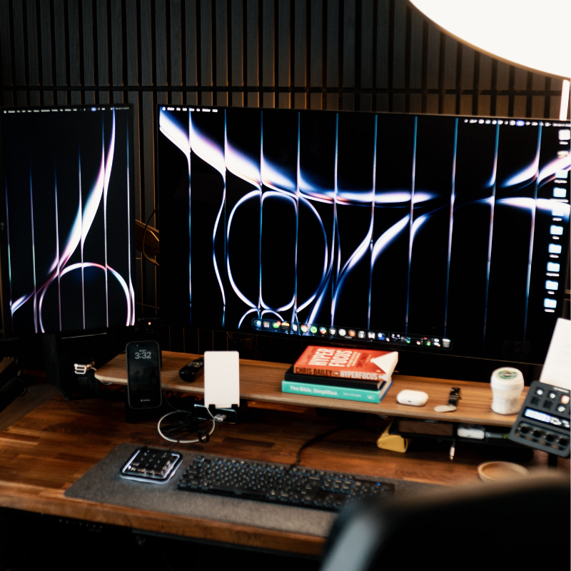 Setup de home office com monitor e acessórios